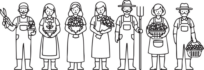 Isolated Farmers and Gardeners Holding Tools and Plants Vector Set