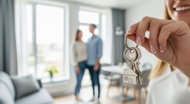 Close up of house keys held by a smiling woman with a happy couple in the background, symbolizing property ownership and buying a new home.
 - Powered by Adobe