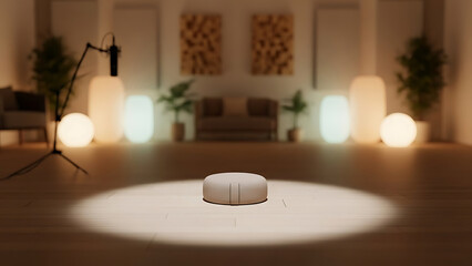 Meditation cushion in spotlight in calm wellness room