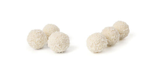 Coconut candies isolated, coco balls set. White truffle ball, indian ladoo or laddu with sweet cream