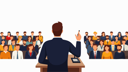 Flat vector illustration of a speaker giving a presentation in front of a large audience in a conference room. The speaker is seen from behind. Ideal for leadership and motivational visualizations.