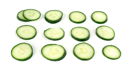 Cucumber cut isolated, cucumber round slices, green vegetable cuts for salad isolated