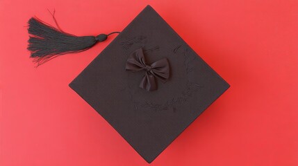 academia. Graduation cap with tassel and decorative bow on red background in a top-down view composition. event programs, museum guides, designed for cultural heritage projects and event programs.