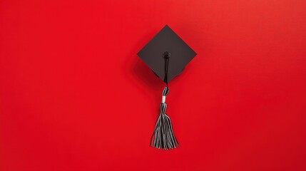 academia. Graduation cap with tassel and decorative bow on red background in a top-down view composition. event programs, museum guides, designed for cultural heritage projects and event programs.