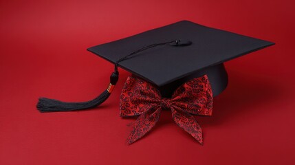 academia. Graduation cap with tassel and decorative bow on red background in a top-down view composition. event programs, museum guides, designed for cultural heritage projects and event programs.