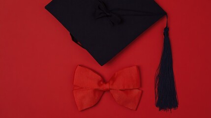 academia. Graduation cap with tassel and decorative bow on red background in a top-down view composition. event programs, museum guides, designed for cultural heritage projects and event programs.