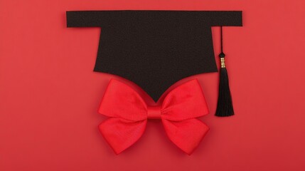 academia. Graduation cap with tassel and decorative bow on red background in a top-down view composition. event programs, museum guides, designed for cultural heritage projects and event programs.