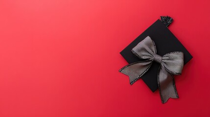 academia. Graduation cap with tassel and decorative bow on red background in a top-down view composition. event programs, museum guides, designed for cultural heritage projects and event programs.