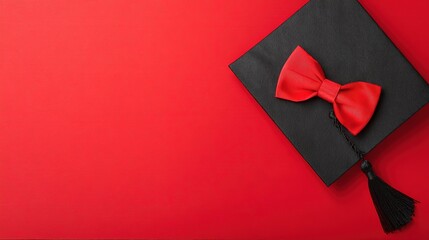 academia. Graduation cap with tassel and decorative bow on red background in a top-down view composition. event programs, museum guides, designed for cultural heritage projects and event programs.