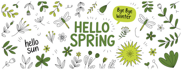spring doodles background, featuring hand-drawn flowers, leaves, butterflies, and seasonal elements in a playful pattern, perfect for greeting cards, posters, invitations, and creative spring designs.