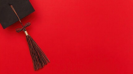academia. Graduation cap with tassel and decorative bow on red background in a top-down view composition. event programs, museum guides, designed for cultural heritage projects and event programs.