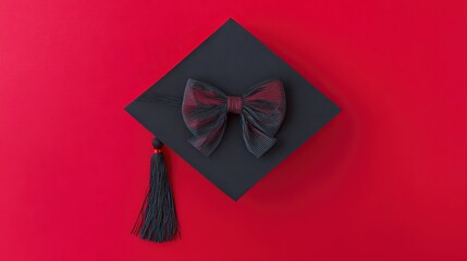 academia. Graduation cap with tassel and decorative bow on red background in a top-down view composition. event programs, museum guides, designed for cultural heritage projects and event programs.