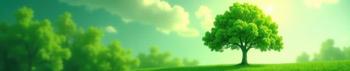 Dreamy green tree, blurred sky bokeh background, shade, sky