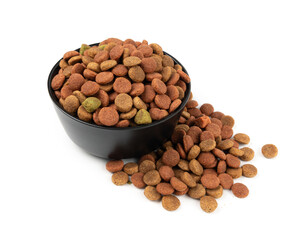 Dry pet food, dog color kibble pile, puppy meat and vegetable pellets, canine protein granules