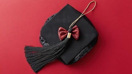 academia. Graduation cap with tassel and decorative bow on red background in a top-down view composition. event programs, museum guides, designed for cultural heritage projects and event programs.