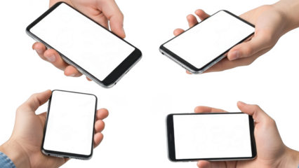 Collection of four images showcasing hands holding modern smartphones in various orientations