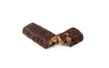 Protein bar isolated, chocolate energy paleo snack, healthy cereal nutrition with nuts, fruits, muesli