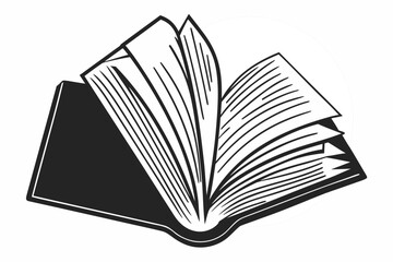 Open Book with Turning Pages Black and White Vector.