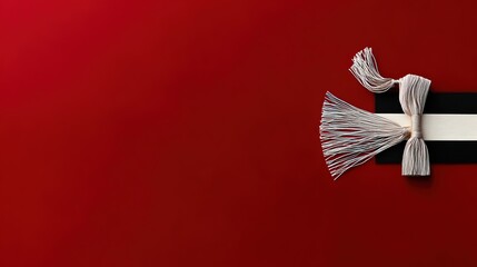 academia. Graduation cap with tassel and decorative bow on red background in a top-down view composition. event programs, museum guides, designed for cultural heritage projects and event programs.