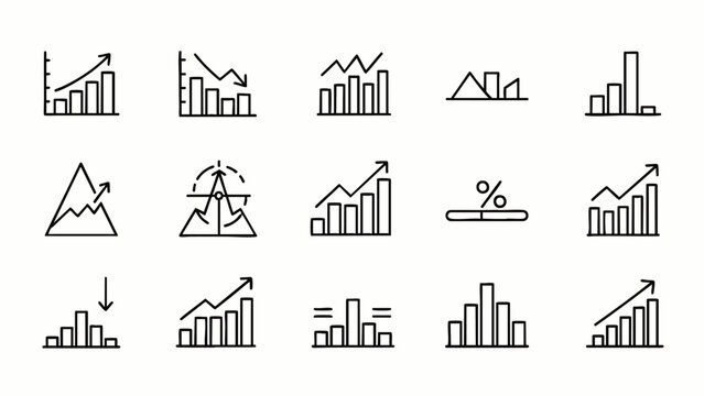 A collection of minimalist line icons illustrating various data visualizations, financial trends, and statistical analysis for modern business and analytical presentations.