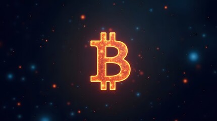 Bitcoin glowing symbol shines brightly amidst a cosmic backdrop for blockchain technology use