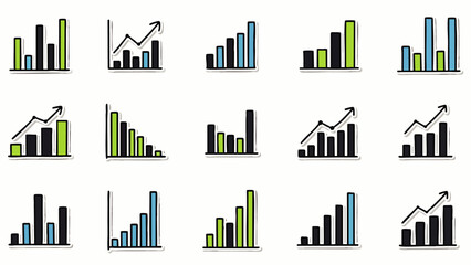 A collection of hand-drawn bar graphs and line charts illustrating upward and downward trends in various business contexts.
