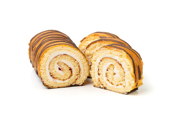 Swiss Roll, Round Sponge Cake Isolated, Sliced Rolled Vanilla Biscuit with Jam Filling