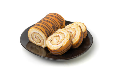 Swiss Roll, Round Sponge Cake Isolated, Sliced Rolled Vanilla Biscuit with Jam Filling