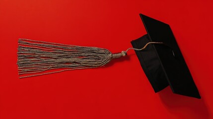 academia. Graduation cap with tassel and decorative bow on red background in a top-down view composition. event programs, museum guides, designed for cultural heritage projects and event programs.