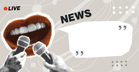 Fototapeta na wymiar Trendy Halftone Collage Journalist's mouth screams into microphone. Social media interview. Daily news. Reporter with audio equipment. Press conference. Contemporary vector illustration art