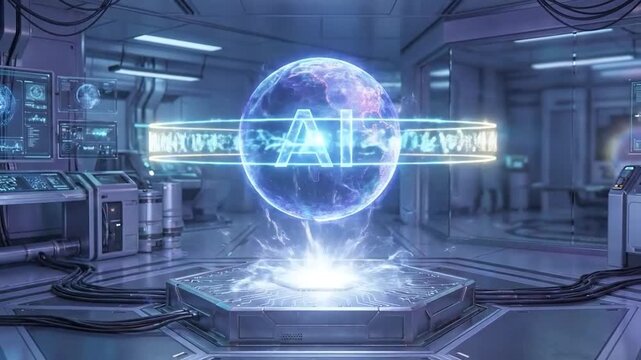 Artificial intelligence core glows in futuristic laboratory display.