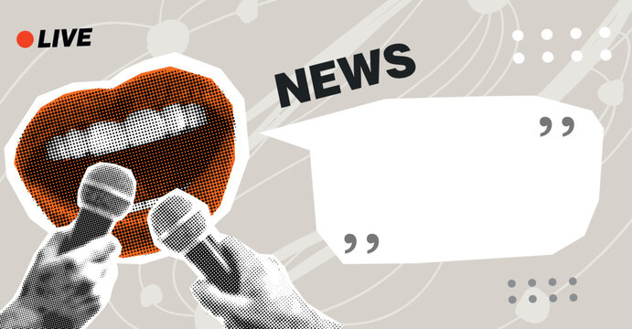 Trendy Halftone Collage Journalist's mouth screams into microphone. Social media interview. Daily news. Reporter with audio equipment. Press conference. Contemporary vector illustration art