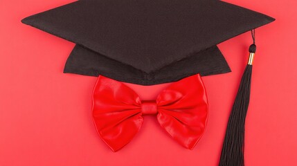 academia. Graduation cap with tassel and decorative bow on red background in a top-down view composition. event programs, museum guides, designed for cultural heritage projects and event programs.
