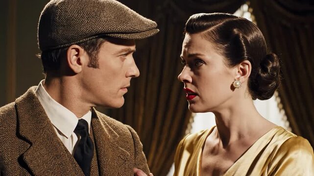 Man in tweed cap and woman with red lipstick in dramatic scene