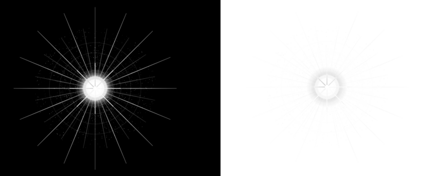 A bright white light with lines and dots on a black background isolated on transparent background - Powered by Adobe
