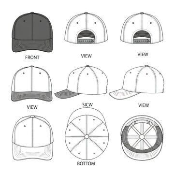 Technical flat drawing of a six-panel baseball cap showing multiple views including front, side, and back snapback closure