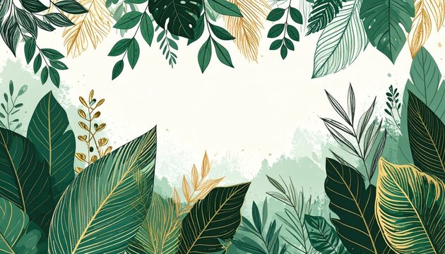 Elegant Tropical Leaves Border with Gold Accents and Watercolor Texture.