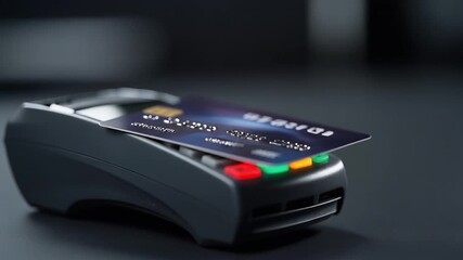 Ultra realistic close up of modern POS card reader with illuminated indicator lights on a dark surface representing secure digital payment technology - Powered by Adobe