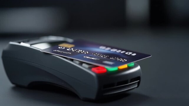 Ultra realistic close up of modern POS card reader with illuminated indicator lights on a dark surface representing secure digital payment technology