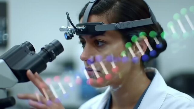 Scientist analyzing dna sequence through microscope in a research lab