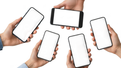 Diverse group of hands holding smartphones with blank screens for social and connectivity concepts