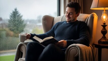 Man reading book and sipping coffee by window on rainy day at home.