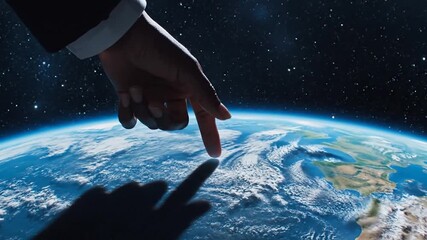 Business leader's vision for global strategy with Earth and stars, representing worldwide influence and corporate responsibility, reaching for success