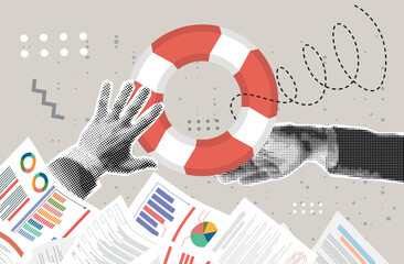 Trendy Halftone Collage hand of a man sticks out of a pile of papers. Another person is stretching a lifeline and wants to help. Helping Business to survive.