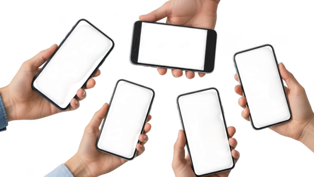 Diverse group of hands holding smartphones with blank screens for social and connectivity concepts - Powered by Adobe