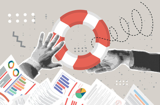 Trendy Halftone Collage hand of a man sticks out of a pile of papers. Another person is stretching a lifeline and wants to help. Helping Business to survive.