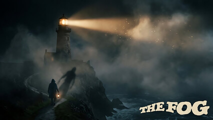 Dramatic coastal scene featuring a towering lighthouse beam cutting through thick fog with a lone figure walking below