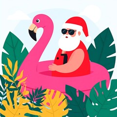 Santa in a flamingo pool float