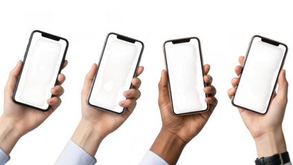 Four diverse hands holding smartphones with blank screens for digital content