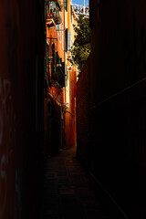 Fototapeta premium Venice, Italy - December 05, 2025: Narrow alleyway in vibrant city with colorful buildings and sunlight illuminating the path, showcasing urban architecture and hidden gems